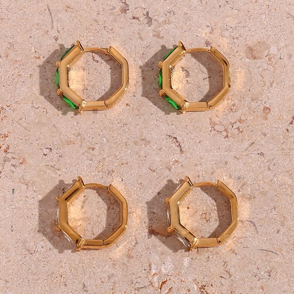 Green Zircon Small Hoop Earrings Bamboo Shape 18K Gold Plated Stainless Steel - Picture 9 of 9